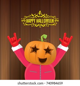 vector Happy halloween creative hipster party background. man in halloween costume with carved pumpkin head and calligraphic halloween text on wooden layout. Happy halloween rock concert poster design
