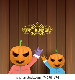 vector Happy halloween creative hipster party background. man in halloween costume with carved pumpkin head and calligraphic halloween text on wooden layout. Happy halloween rock concert poster design