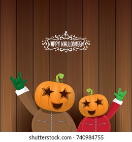 vector Happy halloween creative hipster party background. man in halloween costume with carved pumpkin head and calligraphic halloween text on wooden layout. Happy halloween rock concert poster design