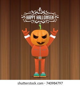 vector Happy halloween creative hipster party background. man in halloween costume with carved pumpkin head and calligraphic halloween text on wooden layout. Happy halloween rock concert poster design
