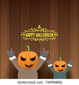 vector Happy halloween creative hipster party background. man in halloween costume with carved pumpkin head and calligraphic halloween text on wooden layout. Happy halloween rock concert poster design