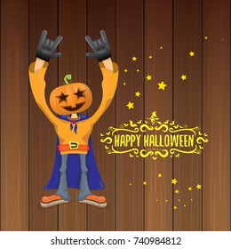 vector Happy halloween creative hipster party background. man in halloween costume with carved pumpkin head and calligraphic halloween text on wooden layout. Happy halloween rock concert poster design