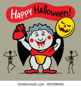 Vector Happy Halloween Cute Crazy Vampire Cartoon Illustration.