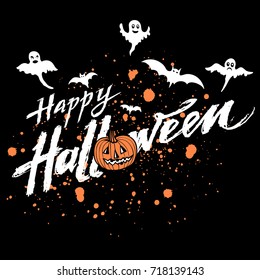 Vector Happy Halloween dark background with orange pumpkin and blood stains, white  hand drawn lettering Happy Halloween and flying bats, ghosts. Elegant greeting card or party flyer cover. eps 10