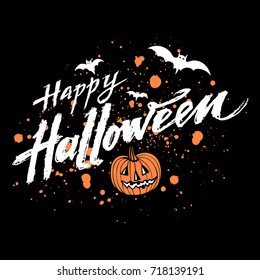Vector Happy Halloween dark background with orange pumpkin and blood stains, white grungy hand drawn lettering Happy Halloween and flying bats. Elegant greeting card or party flyer cover. eps 10