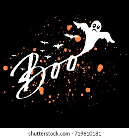 Vector Happy Halloween dark background with orange blood stains, white grungy hand drawn lettering Boo and flying bats and ghost. Elegant greeting card or party flyer cover. eps 10