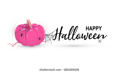 Vector Happy Halloween day greeting card with pink pumpkin, net, spiders isolated on white background. Pink Halloween typography poster with text and decorative elements. Calligraphy lettering quote. 
