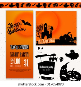 Vector Happy Halloween day set of banners. Hand drawn illustration with pumpkin, bat, scary moon. EPS10