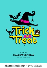 Vector happy halloween day trick or treat message design on blue background, illustration