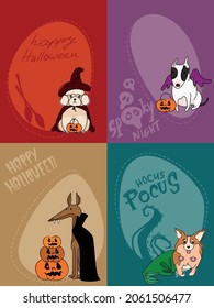 Vector Happy Halloween - dog in monsters costumes, Halloween party. Set of illustrations for banner and post