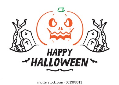 Vector : Happy Halloween with Doodle pumpkin and graveyard, Holiday concept