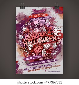 Vector Happy Halloween doodles watercolor paint party poster design