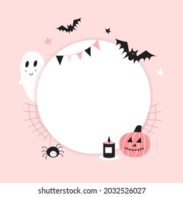 Vector Happy Halloween Frame Background With Cute Ghost And Bats. Pastel Colors Design.