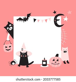 Vector happy Halloween frame background with cute cats, bat, spider, moon and pumpkins. Pastel colors design with pink background.