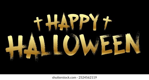 Vector Happy Halloween golden text isolated on black background. Happy halloween grunge vector text label and sticker