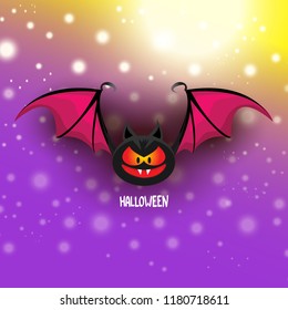 vector happy halloween greeting card. halloween design template background with cartoon comic bat on violet night sky background with lights and blur