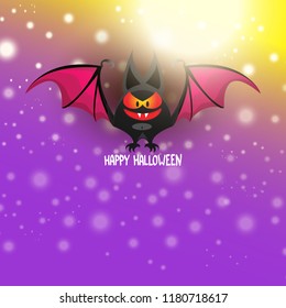 vector happy halloween greeting card. halloween design template background with cartoon comic bat on violet night sky background with lights and blur