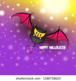 vector happy halloween greeting card. halloween design template background with cartoon comic bat on violet night sky background with lights and blur