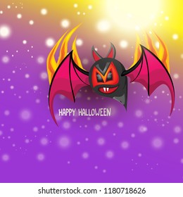 vector happy halloween greeting card. halloween design template background with cartoon comic bat on violet night sky background with lights and blur
