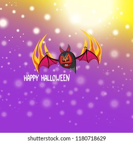 vector happy halloween greeting card. halloween design template background with cartoon comic bat on violet night sky background with lights and blur