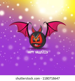 vector happy halloween greeting card. halloween design template background with cartoon comic bat on violet night sky background with lights and blur