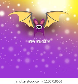vector happy halloween greeting card. halloween design template background with cartoon comic bat on violet night sky background with lights and blur