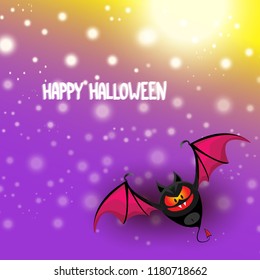 vector happy halloween greeting card. halloween design template background with cartoon comic bat on violet night sky background with lights and blur