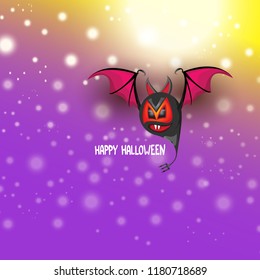 vector happy halloween greeting card. halloween design template background with cartoon comic bat on violet night sky background with lights and blur