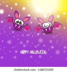 vector happy halloween greeting card. halloween design template background with cartoon comic bat on violet night sky background with lights and blur