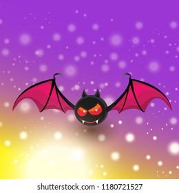 vector happy halloween greeting card. halloween design template background with cartoon comic bat on violet night sky background with lights and blur