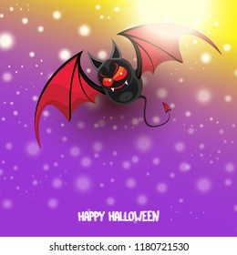 vector happy halloween greeting card. halloween design template background with cartoon comic bat on violet night sky background with lights and blur