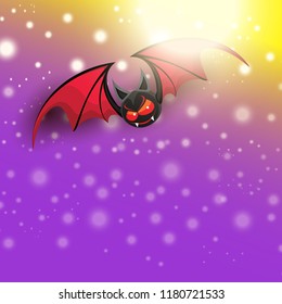 vector happy halloween greeting card. halloween design template background with cartoon comic bat on violet night sky background with lights and blur