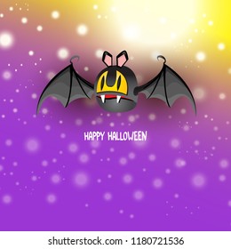 vector happy halloween greeting card. halloween design template background with cartoon comic bat on violet night sky background with lights and blur