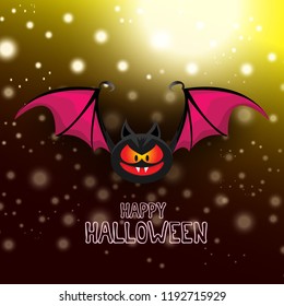 vector happy halloween greeting card. halloween design template background with cartoon comic bat on dark night sky background with lights stars and blur