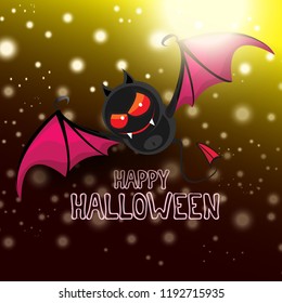 vector happy halloween greeting card. halloween design template background with cartoon comic bat on dark night sky background with lights stars and blur