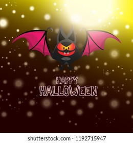 vector happy halloween greeting card. halloween design template background with cartoon comic bat on dark night sky background with lights stars and blur