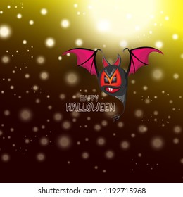 vector happy halloween greeting card. halloween design template background with cartoon comic bat on dark night sky background with lights stars and blur