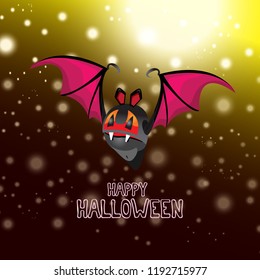 vector happy halloween greeting card. halloween design template background with cartoon comic bat on dark night sky background with lights stars and blur