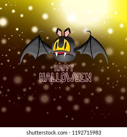 vector happy halloween greeting card. halloween design template background with cartoon comic bat on dark night sky background with lights stars and blur