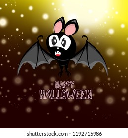 vector happy halloween greeting card. halloween design template background with cartoon comic bat on dark night sky background with lights stars and blur