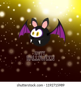 vector happy halloween greeting card. halloween design template background with cartoon comic bat on dark night sky background with lights stars and blur