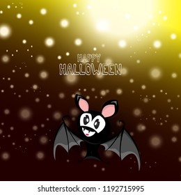 vector happy halloween greeting card. halloween design template background with cartoon comic bat on dark night sky background with lights stars and blur