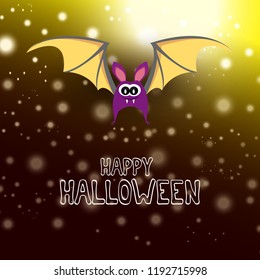 vector happy halloween greeting card. halloween design template background with cartoon comic bat on dark night sky background with lights stars and blur