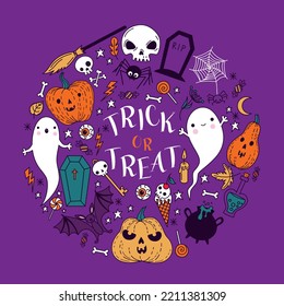 Vector Happy Halloween greeting card. Trick or treat, Halloween objects.