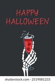 Vector happy Halloween greeting card, iskeleton hand holding a spooky strawberry cocktail in tall glass. Flat illustration for Halloween party invites or decorations. Creepy and festive cartoon design