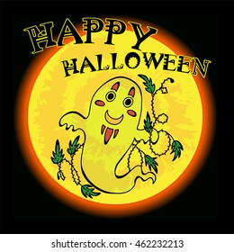 Vector Happy Halloween greeting card, invitation, banners. Illustration of smiling ghost on wave ivy branch, barb and leaves. Full moon background. 4 from 13