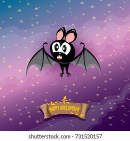 vector happy halloween greeting card. halloween design template background with bat and calligraphic halloween text on night sky background