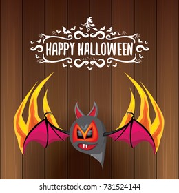 vector happy halloween greeting card. halloween design template background with bat and calligraphic halloween text on wooden background