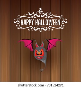 vector happy halloween greeting card. halloween design template background with bat and calligraphic halloween text on wooden background