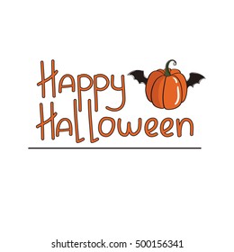 Vector Happy Halloween with handdrawn text banner with cartoon pumpkin.